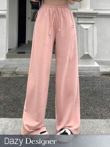 Dazy Designer Women's Pink Letter Embroidery Drawstring Waist Long Pants - Pink - View 9