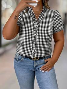 SHEIN Clasi CURVE V-Neck Puff Sleeve + Ruffle Trim French Style Blue & White Striped Plus Size Short Sleeve Blouse - Black - View 3