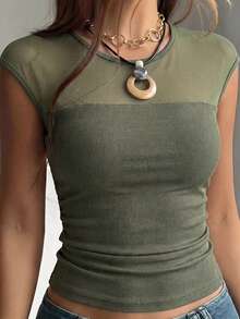 SHEIN EZwear 橄榄绿针织网眼拼接紧身上衣 - 軍綠色 - 查看 4