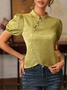 EastFlair Áo kiểu nữ thanh lịch tay ngắn xếp ly, vạt bất đối xứng, chất liệu jacquard. - Màu nâu Sô-cô-la - Xem 2