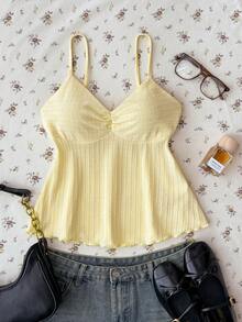 Teen Girl Girls Solid Yellow Textured Knit Fabric Summer Camisole,Elegant Color Suitable For Vacation,Casual,Home - Yellow - View 3