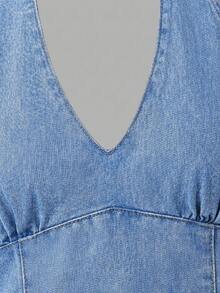 SHEIN MOD Đầm denim cổ yếm thắt eo dành cho nữ - Màu xanh lam - Xem 10