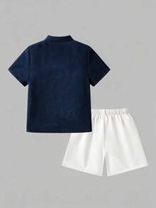 SHEIN 男童刺绣领短袖上衣搭配白色短裤绅士套装 - 彩色 - 查看 2