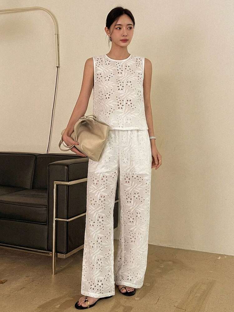 Elegant Casual White Hollow-Out Eyelet Embroidery Loose Sleeveless Shirt And Long Pants Set, Vacation/Beach Style, Spring/Summer Lounge Sets For Women