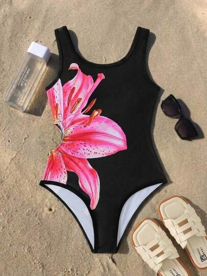 SHEIN Tween Girls' Black & Pink Colorblock Floral Patchwork One-Piece Swimsuit, Cute Casual Daily Beach Vacation Swimwear, Suitable For Swimming Pool, Beach, Surfing, Vacation, Summer, Affordable Price