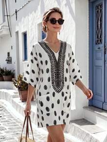 Louniche Robe courte ample à manches dolman, col V, à pois, décontractée et transformable, pour les vacances, printemps/été pour femmes - Multicolore - Voir 6