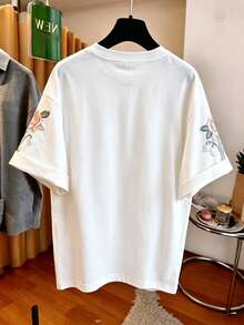 GlowEve Camiseta casual de mujer de cuello redondo de manga corta con bordado floral 3D y perlas, elegante y romántica para el verano - Blanco - Ver 6