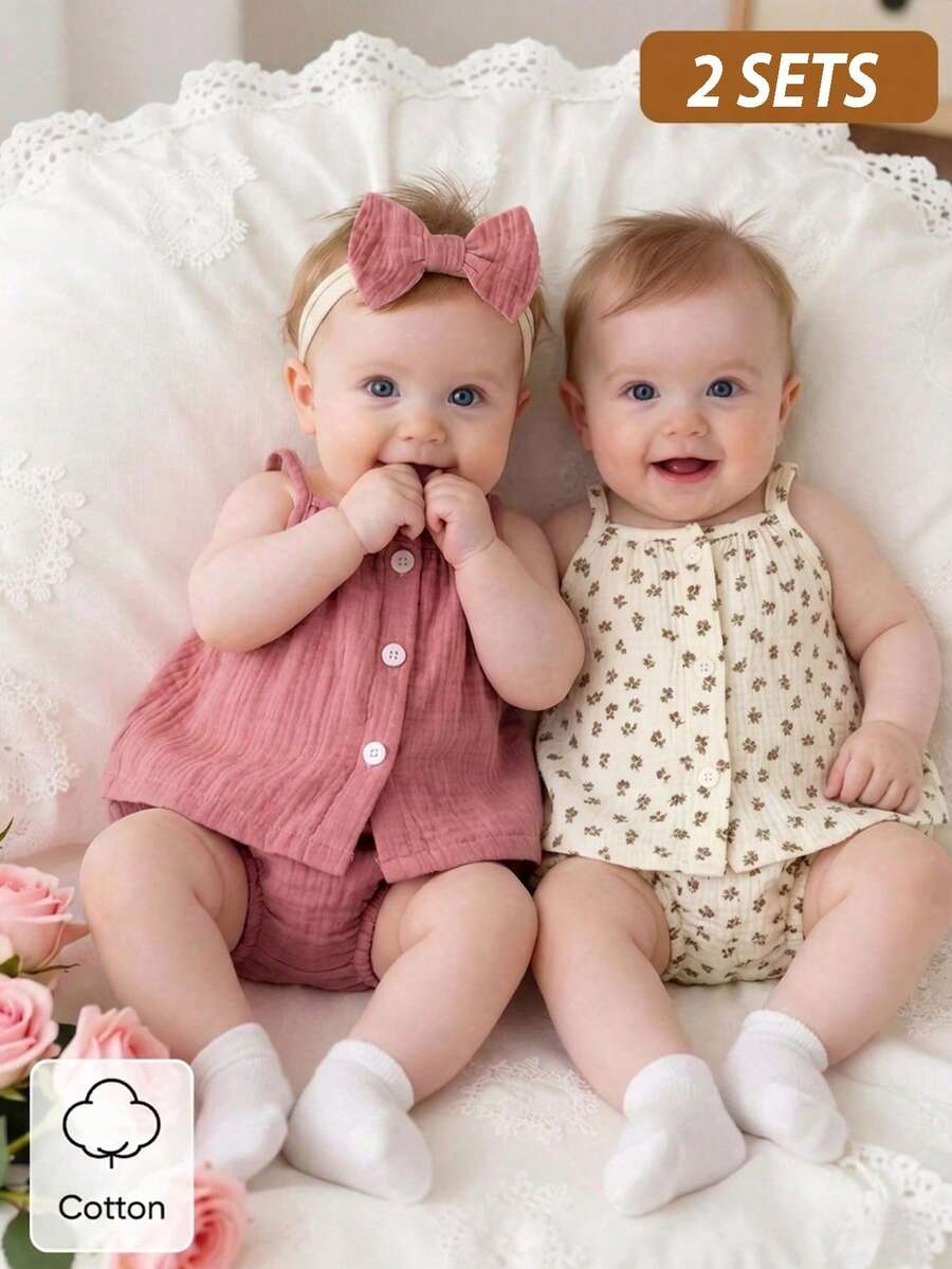 Vintaside Kids Conjunto de Regata e Shorts Triângulo Casual Sólido Rosa e Damasco para Recém-Nascidos, Adequado para Uso Casual e Fotografia