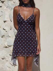 Aloruh Women's Polka Dot Print Asymmetric Hem Cami Mini Dress - Brown - View 7