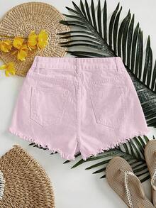 SHEIN Essnce Women's Casual Frayed Hem Denim Shorts With Pockets - Pink - View 2