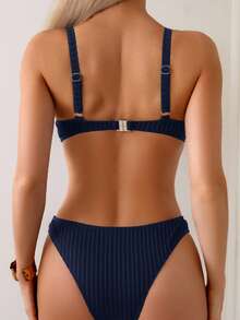 SHEIN Women's Summer Beach Party Solid Color Sexy Fashion Bikini Two-Piece Swimsuit Set Navy Blue - Multicolor - View 6