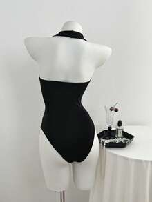 Flirla Women's V-Neck Front Twist Sexy Casual Minimalist Bodysuit, Spring/Summer Night Out Club Black - Black - View 2