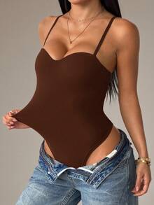 SHEIN PETITE Women's Solid Color Sexy Fashion Camisole Bodysuit - Coffee Brown - View 4