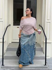 Muchica Áo thun casual size lớn sọc hồng vai bất đối xứng - Hồng - Xem 3