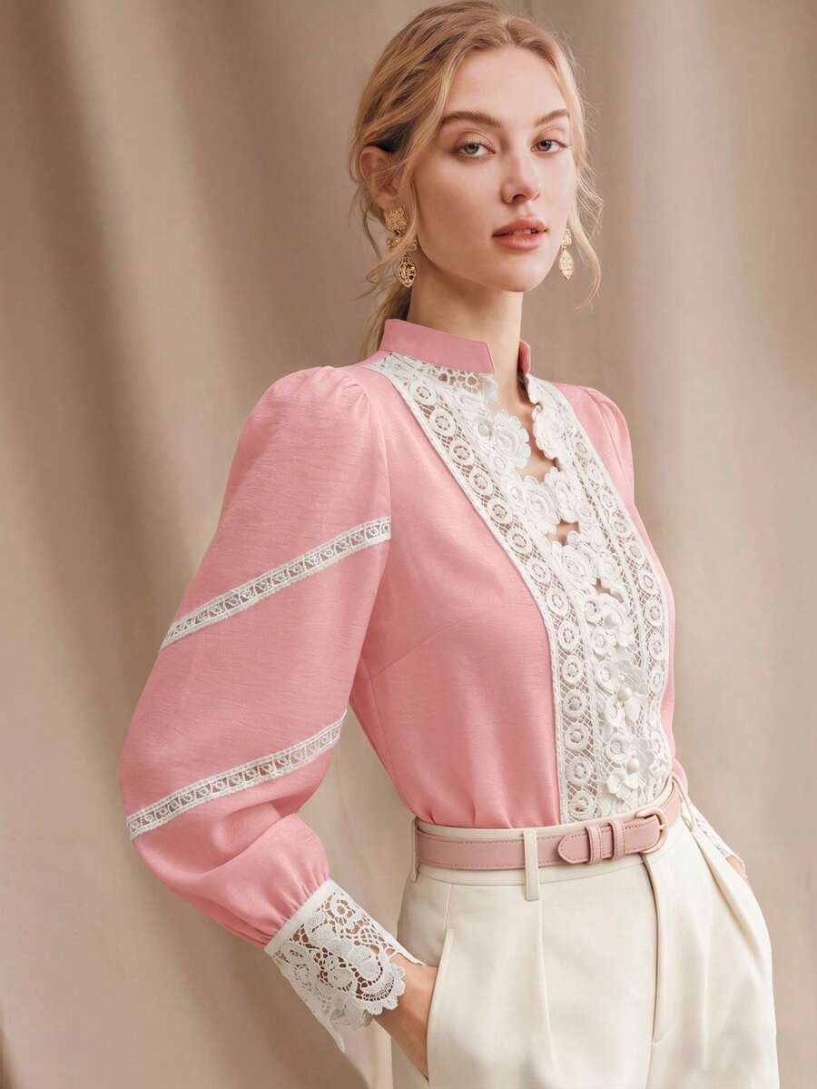 Anewsta Women's Spring Top, Work , Vintage Stand Collar Heavy Water-Soluble Lace Patchwork Pearl Button Blouse, Suitable For Dating, Dinner, Party Top - Pink - View 1