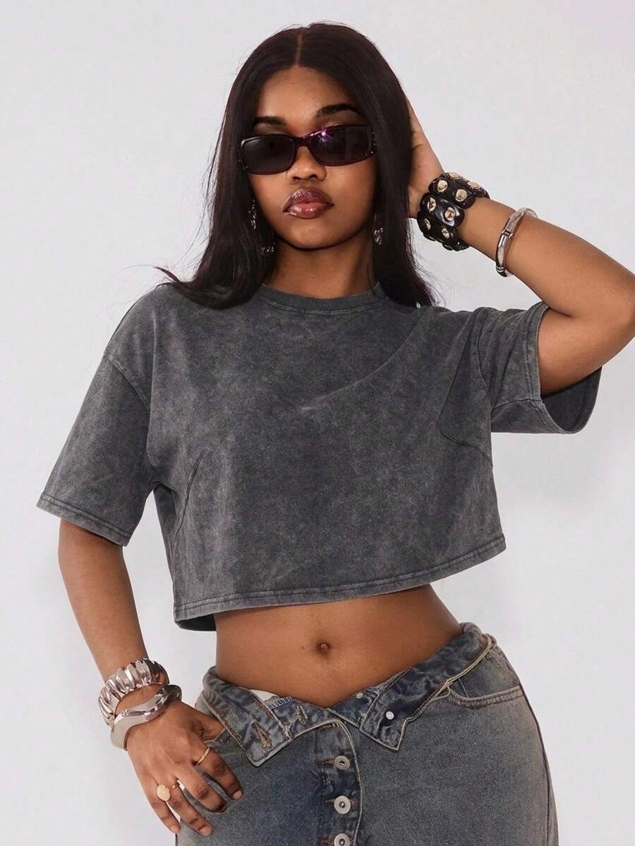Coolane Cotton Casual Short Sleeve Cropped T-Shirt - Grey - View 1