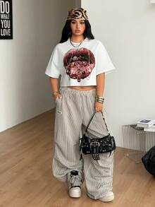 Coolane Áo thun crop nữ size lớn phong cách đường phố vintage Y2K hip-hop casual mặc hàng ngày đi chơi xuân hè in hình môi - trắng - Xem 6