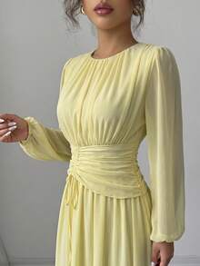 Modelyn Women's Summer Chiffon Butterfly Print Ruched Round Neck Long Sleeve Dress - Light Yellow - View 7