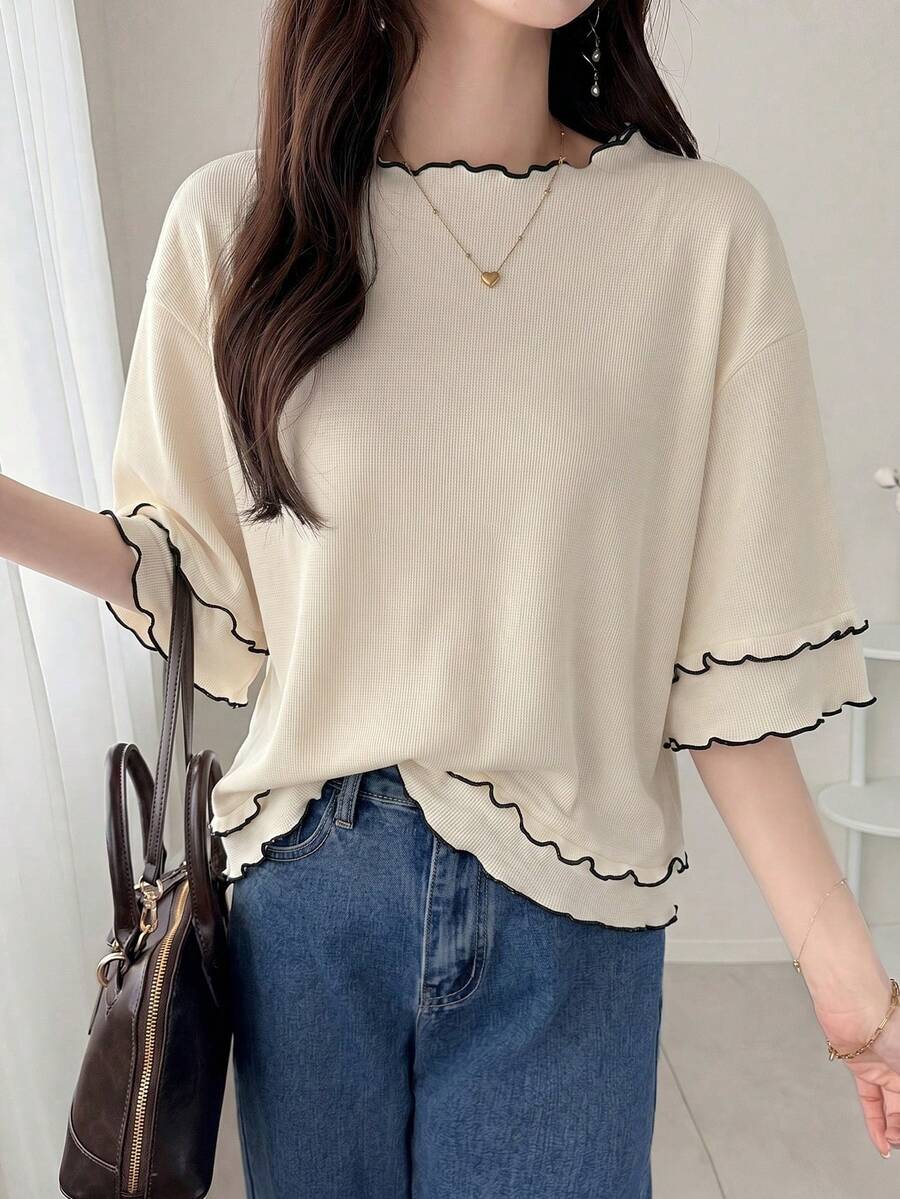 FRIFUL Áo thun nữ tay ngắn dáng rộng kẻ sọc lượn sóng phối màu tương phản, thích hợp mặc thường ngày mùa hè. - Màu be - Xem 1