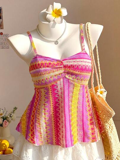 SHEIN Teen Girls' Colorful Jacquard Knit Camisole, Casual Beach Vacation Summer