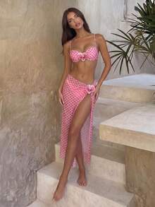 ezas Primavera/Verano: Camisola con aros y efecto push-up de unicolor, braguita de baño de corte alto y falda larga de malla, conjunto de traje de baño para vacaciones en la playa para mujer - Rosa 2 - Ver 3