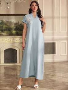 Al Najma Embroidered Floral Shoulder Sleeve Notched Neck Short Sleeve Elegant Dress - Blue - View 7