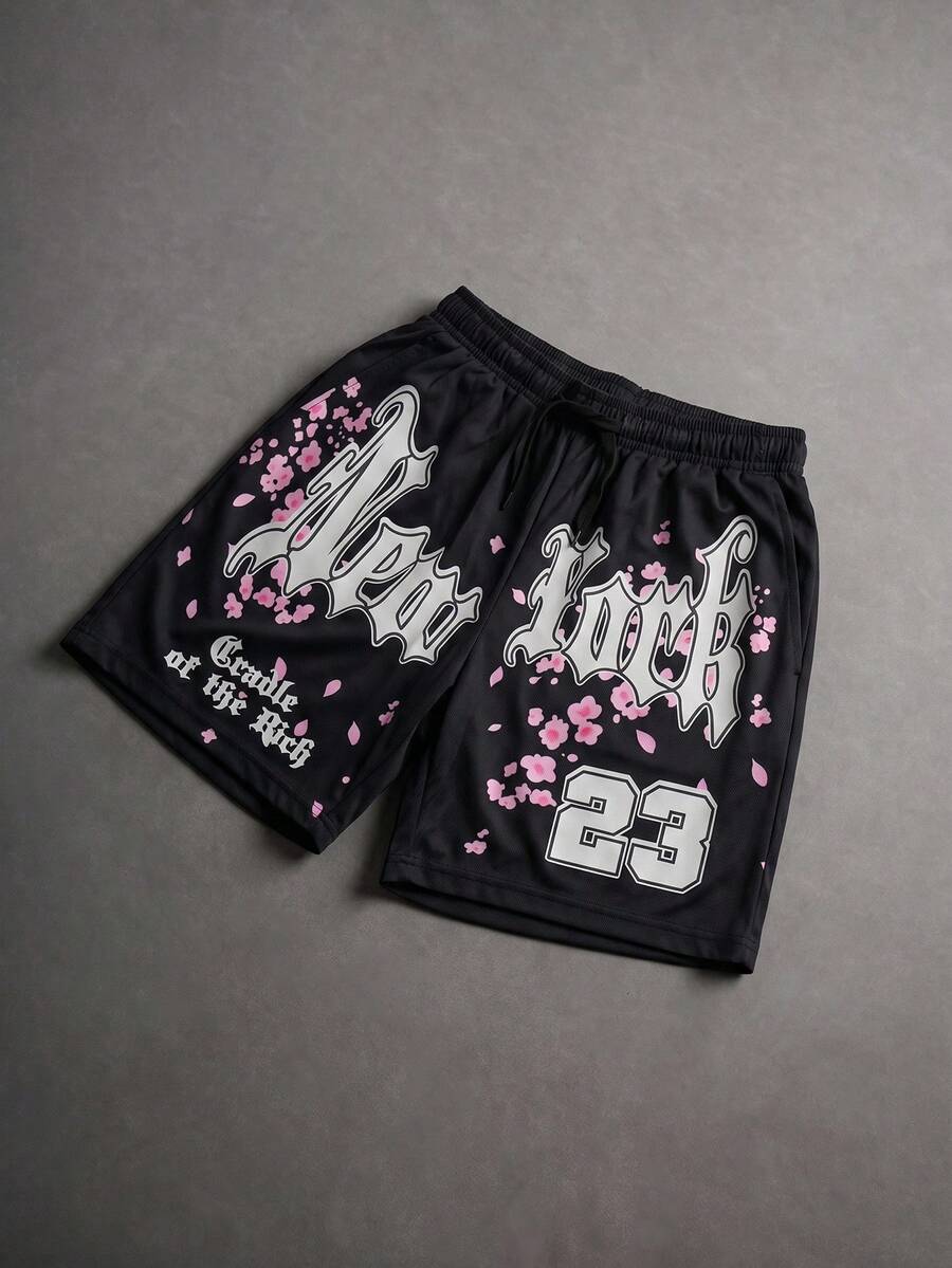 TOKVUE Men's Letter Print Drawstring Waist Casual Shorts - Black and White - View 1