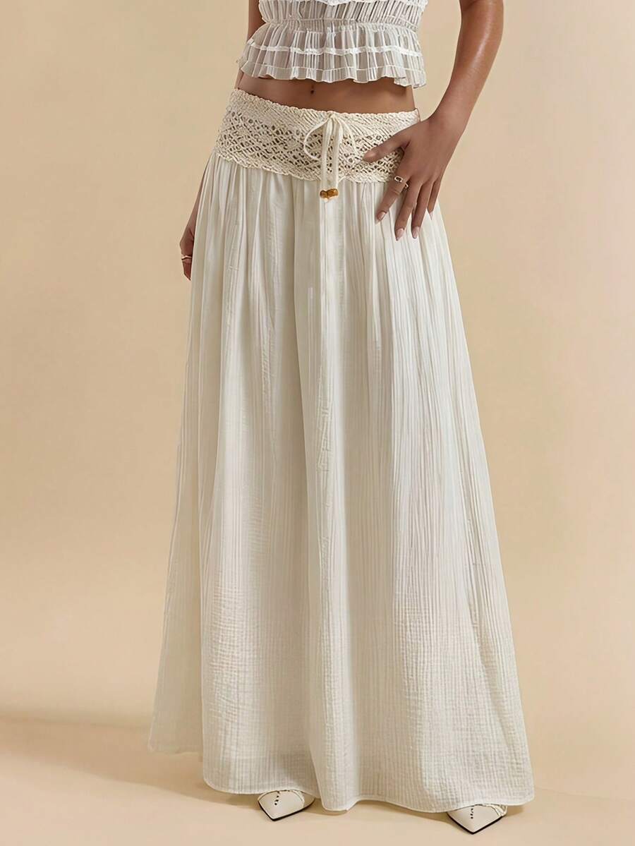 SHEIN BAE Off-White Crochet Drawstring Waist Loose Casual Boho Romantic ...