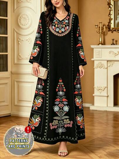 SHEIN Najma Floral & Bird Print V-Neck Long Sleeve Dress, Elegant & Dignified Fashion Outfit, Chiffon Maxi Dress, Arabic Style Clothing For Spring/Summer