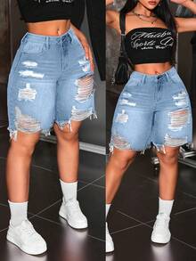 Jeanoix Plus Size Distressed Fashion Summer Frayed Hem Casual Versatile Denim Shorts - Blue - View 1
