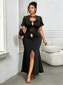 Villa Velisse Plus Size Women Elegant Sexy Fitted Contrast Lace Long Dress Cocktail Black Summer - Black - View 6