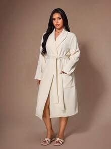 Lazeform Solid Color Waffle Knit Shawl Collar Open Front Tie Waist Plus Size Robe - Apricot - View 4