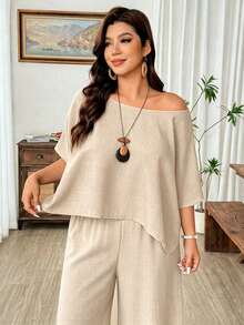 Weeklong Bộ đồ hai mảnh dành cho nữ cỡ lớn: áo tay cánh dơi bất đối xứng và quần ống rộng, màu trơn, trang phục thường ngày thoải mái cho kỳ nghỉ hè. - Màu be - Xem 7