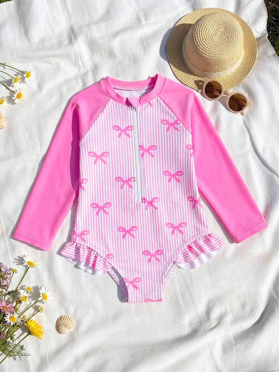 SHEIN 女婴圆领插肩袖蝴蝶印花荷叶边连体泳衣 - 粉色 - 查看 1