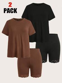 SHEIN EZwear 新款休閒寬鬆T恤與單車短褲套裝，蕾絲拼接設計，黑色與咖啡色，4件組，大尺碼女款2件套穿搭，適合外出、日常穿著、派對、通勤、音樂節、開學、畢業、海邊度假、街頭風、居家、城市漫步，可作外套或疊穿，百搭 - 彩色 - 查看 1