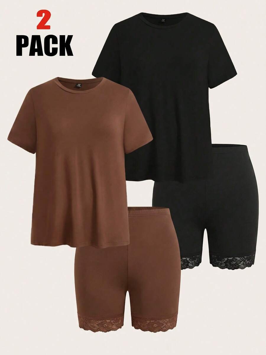 SHEIN EZwear 新款休閒寬鬆T恤與單車短褲套裝,蕾絲拼接設計,黑色與咖啡色,4件組,大尺碼女款2件套穿搭,適合外出、日常穿著、派對、通勤、音樂節、開學、畢業、海邊度假、街頭風、居家、城市漫步,可作外套或疊穿,百搭 - 彩色 - 查看 1