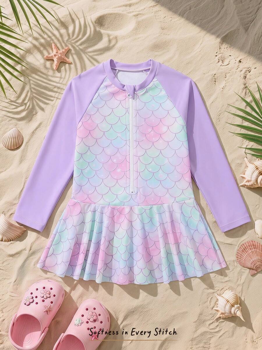 Cozy Pixies Áo tắm liền thân tay dài in hình nàng tiên cá cho bé gái, áo tắm tay dài cho trẻ em, áo tắm tay dài cho bé gái, áo tắm mùa hè cho kỳ nghỉ. - Nhiều màu - Xem 1