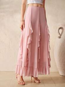 Aveloria Rosie Chân váy maxi nữ thanh lịch và duyên dáng kiểu Pháp cổ điển lãng mạn, màu hồng phấn, chất liệu chiffon, thiết kế xếp ly ở gấu váy. - Bụi hồng - Xem 4