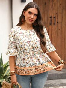 EMERY ROSE Plus Size Women Floral Print Casual Traditional Elegant Boho Versatile Daily Wear Summer Top For Beach Vacation White - Multicolor - View 3