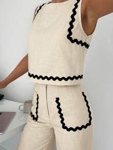 Siren Gaze 2pcs Women's Summer Set, Contrast Trim Blouse And Solid Color Casual Loose Pants, Daily Casual/Work Outfit, Sleeveless Scalloped Crop Top 100%Cotton - Apricot - View 6