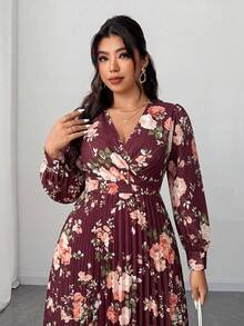 Elenzga 大码女式春夏度假、优雅浪漫派对、婚礼宾客碎花长袖V领褶皱飘逸长裙 - 酒紅色 - 查看 3