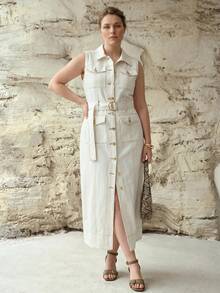 MOTF PREMIUM PLUS SIZE WOMEN'S SLEEVELESS DENIM DRESS WITH POCKETS, SPRING/SUMMER - White - View 7