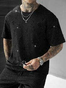 SLATEMANN Men's Sequin Round Neck Short Sleeve T-Shirt, Holiday - Black - View 5