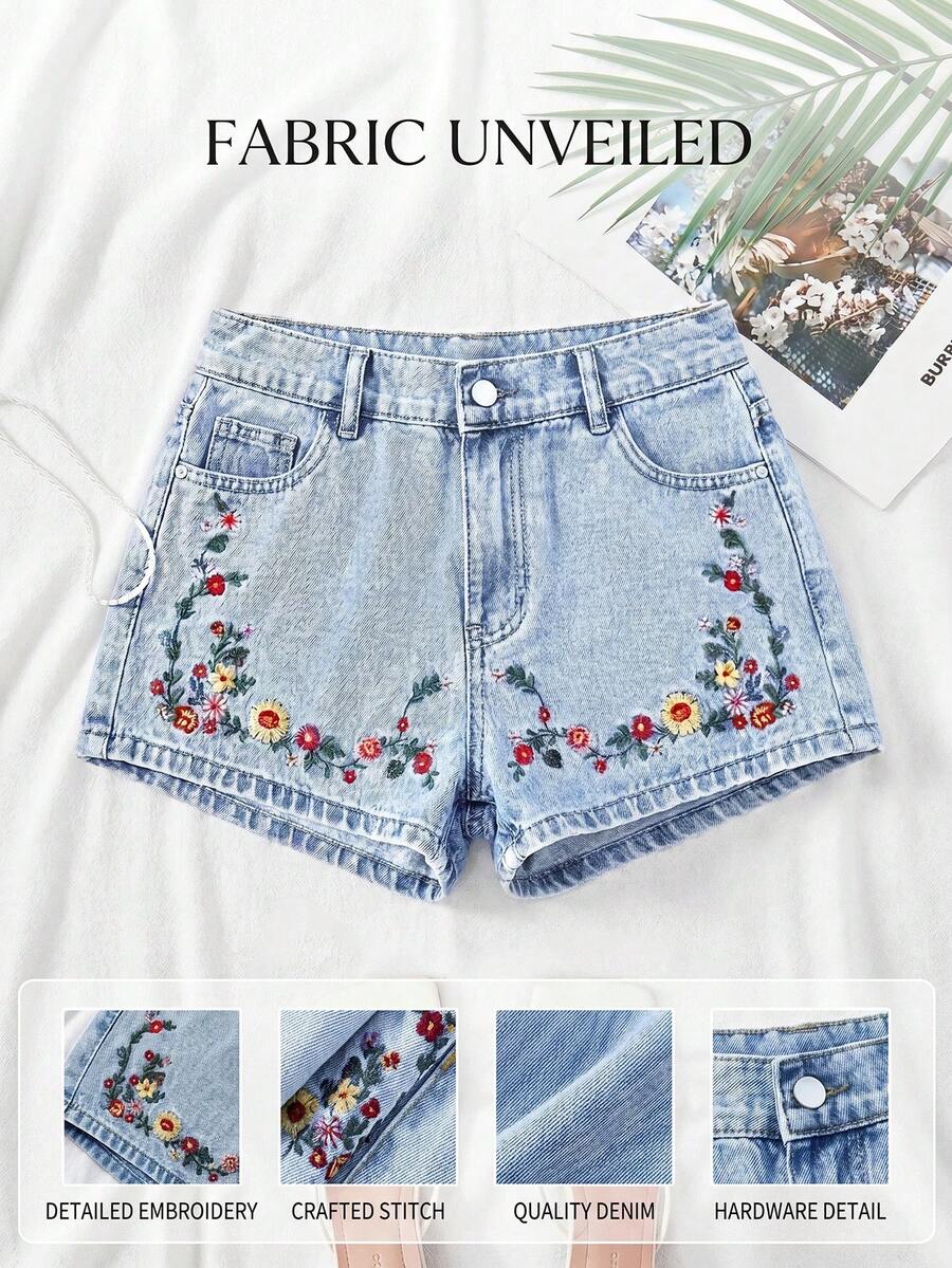 SHEIN Teen Girl Y2K Spring Summer Break Light Washed Low Waist Ripped Raw Hem Denim Jeans Shorts With Raw Hem, Summer Beach Boho Vacation Shorts ,Summer Concert Festival Casual Rave - Blue - View 1