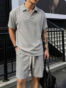 Manfinity Homme Men's Solid Color Polo Shirt And Shorts Set, Minimalist Style For Summer - Grey - View 3