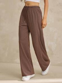 SHEIN Tall Women's Brown Striped Summer Casual Drawstring Pajama Pants,Lounge Bottoms,Chic Striped Elegant Pajama Pants For Party Work,Beach,Commute, Tall Women - Brown - View 7
