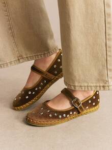 Rosivie Ladies Vintage Rivet Suede Mary Jane Flats - Camel - View 5