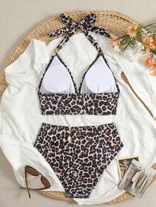 Swim Lushoire 女款豹紋細肩帶方形金屬扣掛脖式分體式比基尼泳衣套裝 - 咖啡棕 - 查看 2