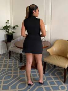 Maria Perezxox 女款高領收腰A字洋裝，時尚百搭，適合辦公室優雅夏季穿搭 - 黑色 - 查看 2