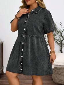 EMERY ROSE Plus Size Women's Vintage Washed Denim Snowflake Print Dress, Spring/Summer - Black - View 3